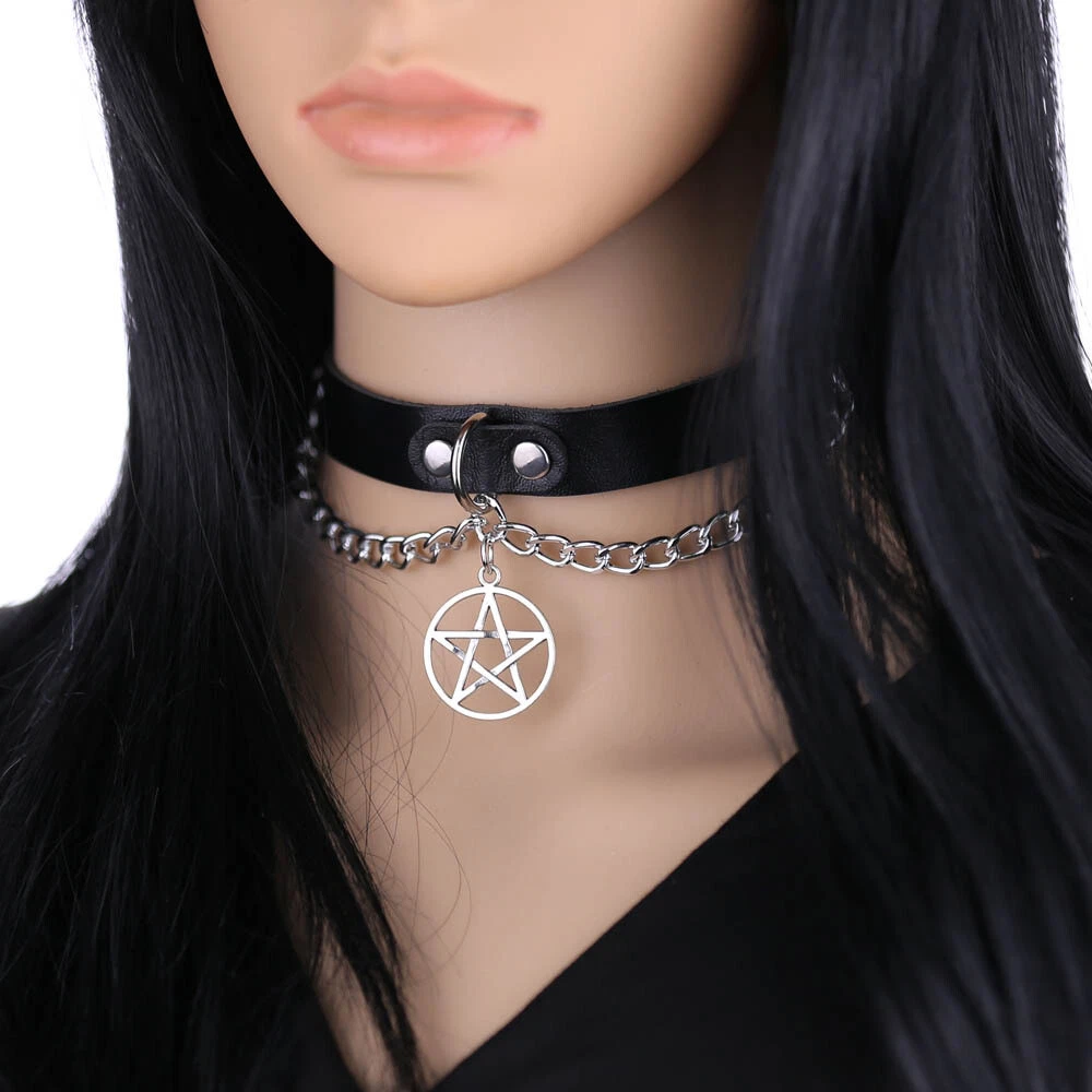 Gothic punk silver pentagram gear open leather rope necklace for men and  women