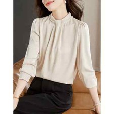 Camicia Maglia Blusa Donna Camicetta Beige Raso Chiffon Morbida Elegante 02220