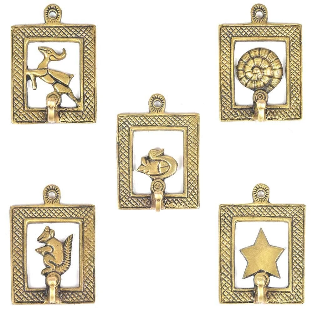 Pack of 5 Golden Animal Framed Brass Wall Hooks Modern Antique Coat Hooks Gift