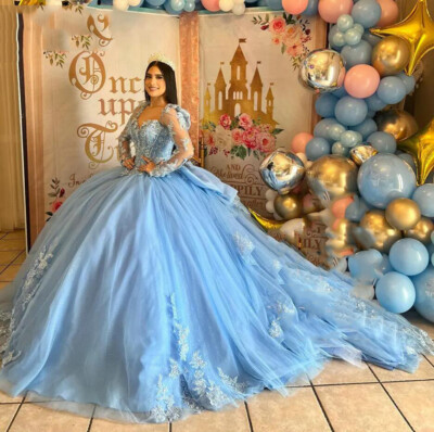 open lace back dress Fairytale sky blue lace appliqus crystals rhinestones beaded princess   Anna's Couture Dresses