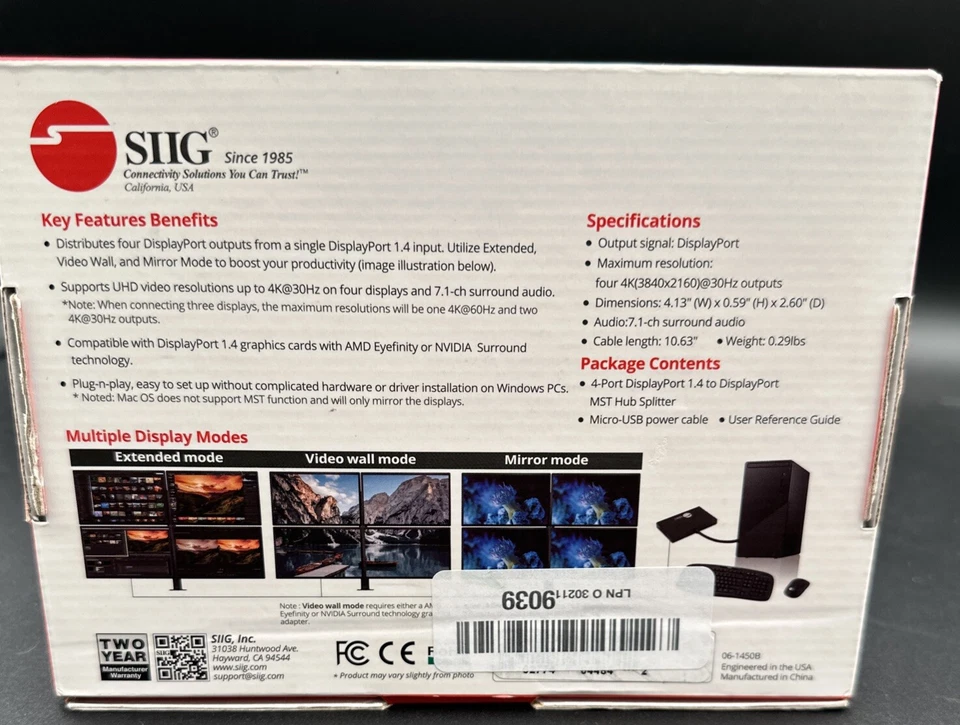 SIIG 4 Port to DisplayPort MST Hub 4k Multi Monitor Splitter 1x4 (CE-DP0E12-S1) - Image 2 of 4
