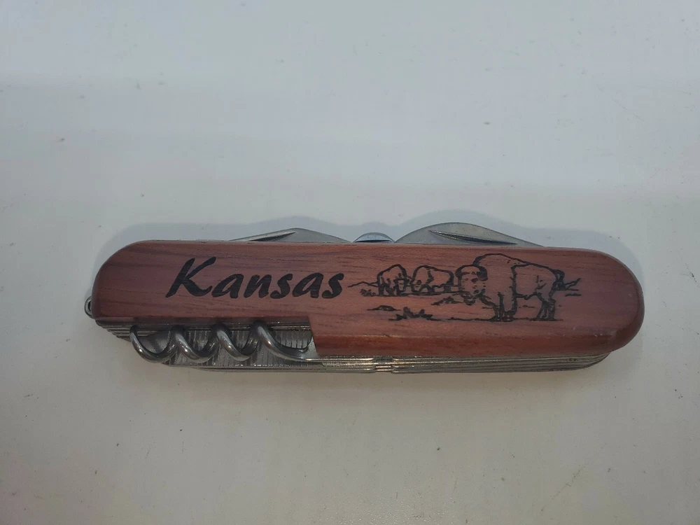 Multi-tool Pocket Knife Letter "T" Kansas Buffalo Engraved  On Wood  Handle