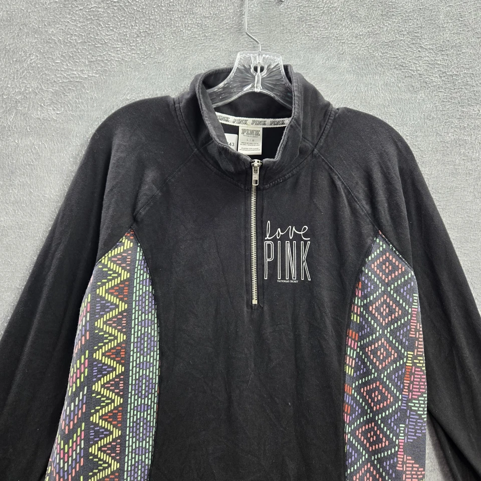 PINK Victoria's Secret Women Sweatshirt L Black Aztec Geometric Love 1/4 Zip - Image 3 of 4
