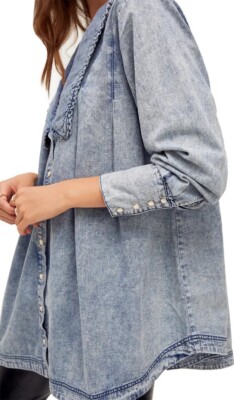 NEW Free People Ruffle Collar Denim Swing Blouse - Lightest