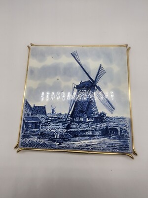Delft Blue Holland Windmill Ceramic Tile Wall Art Trivet 6''x 6'' Handpainted 