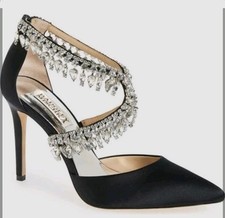 Badgley Mischka Black Satin Crystal Teardrop Crossover Strap Embellished Heel 9