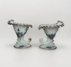 Pair Of 1950's Fenton Silvercrest Decorated Cornucopia Candle Holders Ruffled