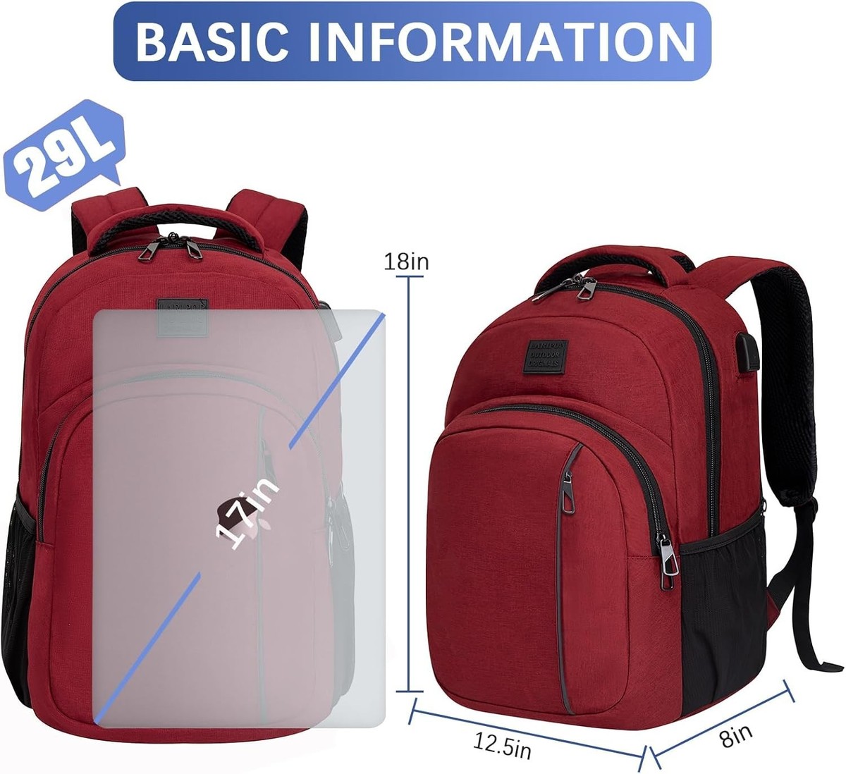 argus sport backpack laptop carrying backpack 15.6-inch red Laripop Red 15.6 Inch Water-Resistant Travel Laptop Backpack w/USB Charging  Port