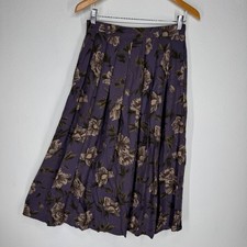 Vintage Purple Floral Pleated Midi Pull On Skirt Herringbone Rayon Small Earthy