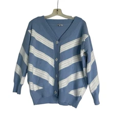FRNCH French PARIS Lahlia Cardigan Sweater S-M Light Blue White Chevron Soft