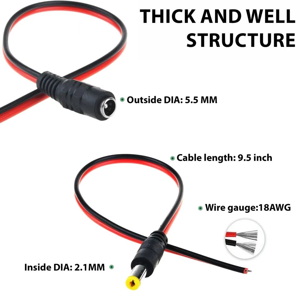 12V 5A 18AWG Pure Copper DC Power Cable - 5.5x2.1mm Male Female CCTV LED Router - Image 3 of 4