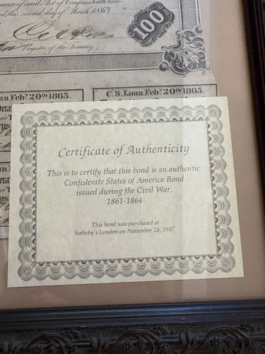 Confederate States of America Savings Bond COA Sotheby’s Sale Nov. 24 1987 - Picture 5 of 19