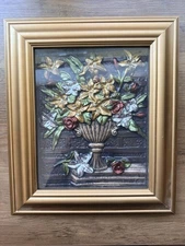 Vintage Gold Framed 3D Flowers in Vase Foil Inlay Picture Art Shadow Box 13 x 11