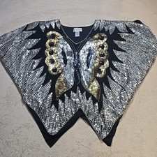 Vtg Large Sequin Silk Lined Black  Butterfly Disco Party Top Made In India