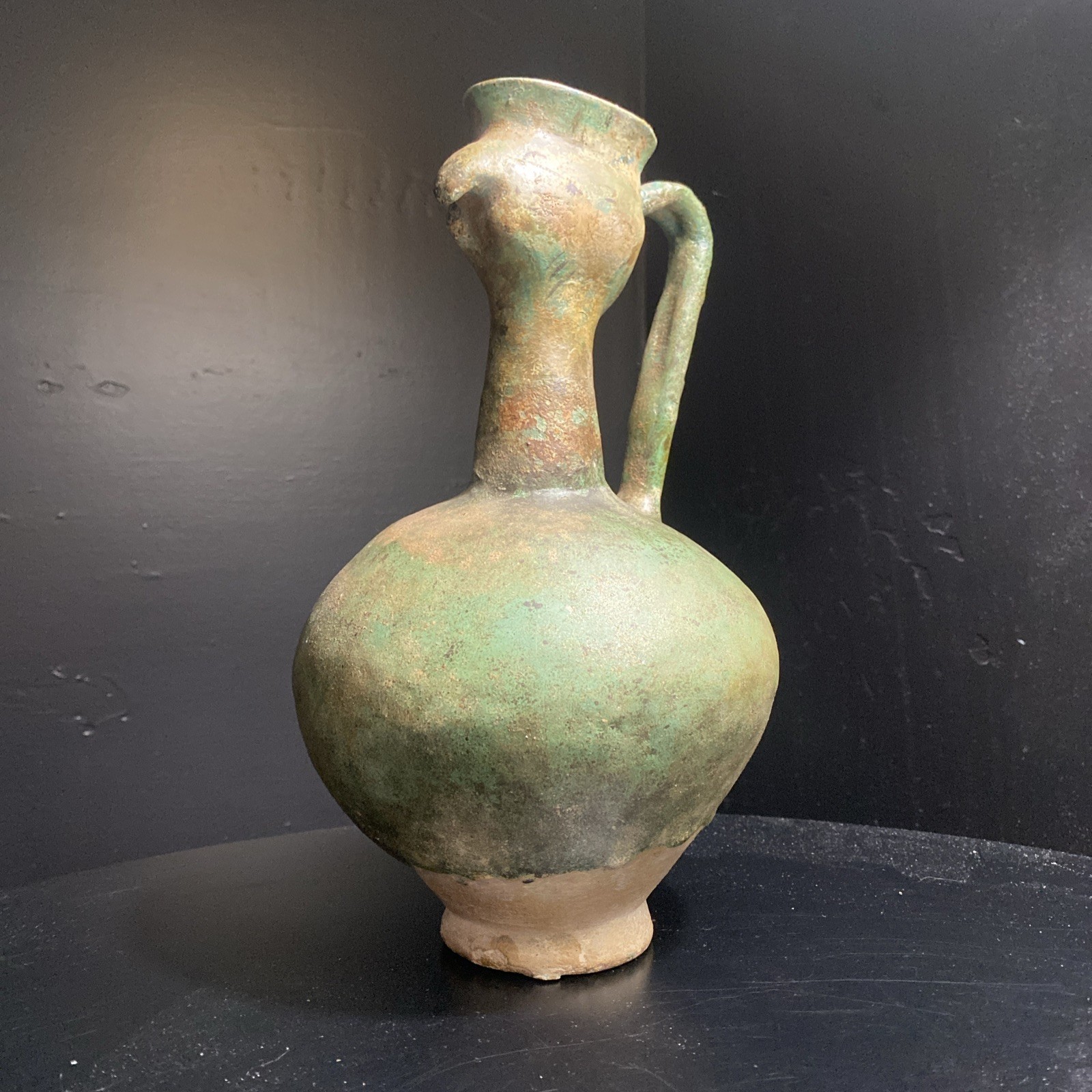 Antique Green Glazed Islamic Persian 11” Bird Wine Ewer W Provenance