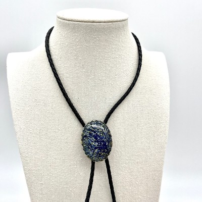 Bolo Tie Blue Gold Resin Stone Braided Leather Cord Western Cowboy Necklace