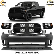 Front Bumper Cover Primed Plastic & Headlights Kit For 2013-2023 Dodge Ram 1500