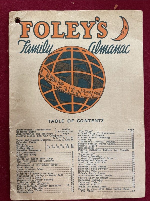 Vintage Foley Family Almanac 1929 Foley's Cream W. F. Smiley