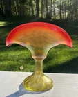 Vintage Hand Blown Art Glass Fan Vase Red Yellow Murano? Bohemia? Loetz Style 8"