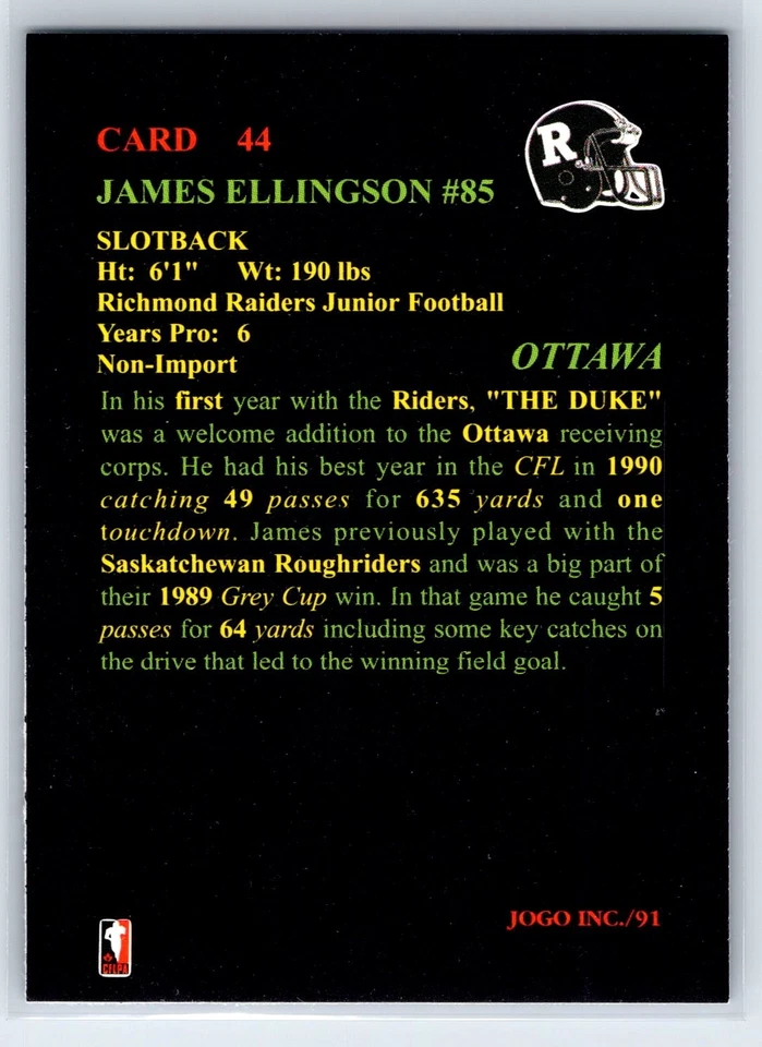 1991 JOGO CFL James Ellingson Ottawa Rough Riders #44 - Image 2 of 2