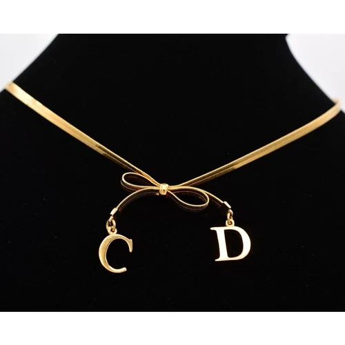 Christian Dior Vintage Logo CD Fiocco Collana Collare Charm Catena Oro Firmato Bin5