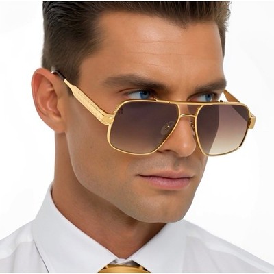 Mens Gold Metal Square Luxury Sunglasses Brown Gradient Lens Textured Frame New