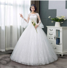Long Flare Sleeve Wedding Dresses Simple O-neck Back Lace Up Wedding Gown 10 -12