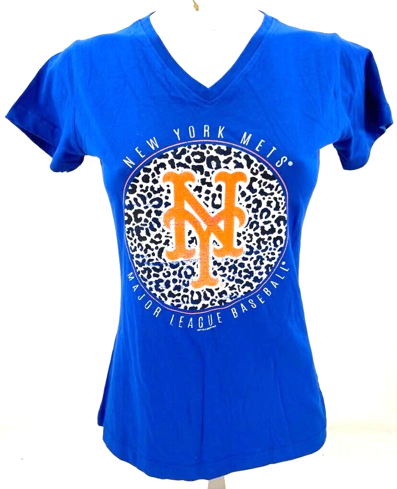 NEW NY New York Mets MLB Soft As A Grape Blue Cheetah SS V Neck Shirt Women's S - Image 1 of 4