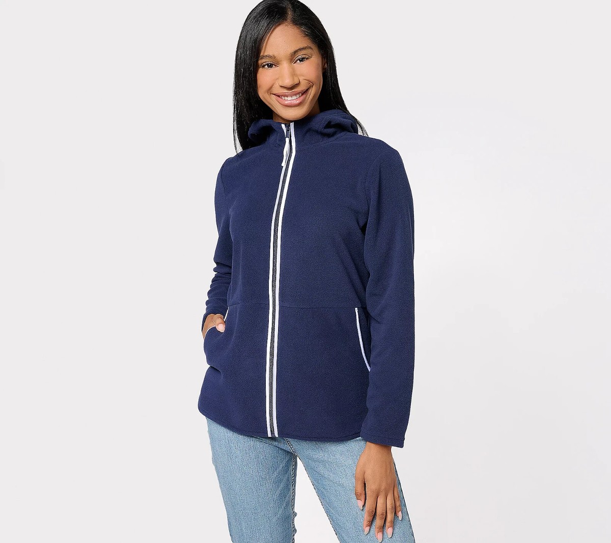 Susan Graver Weekend Polar Fleece Hooded Jacket Contrast Trim-Navy