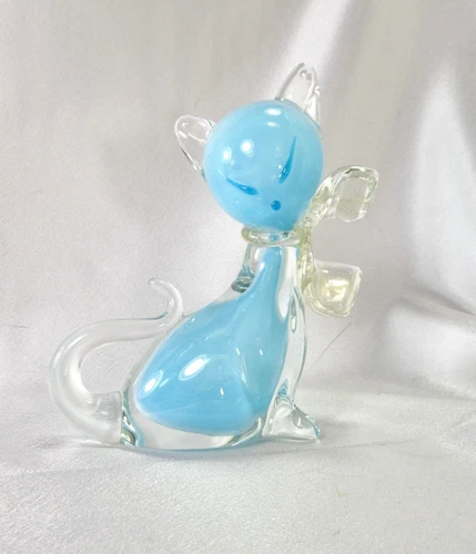 HTF ALFREDO BARBINI MURANO BABY BLUE SOMMERSO ART GLASS 5.5" CAT FIGURINE ITALY