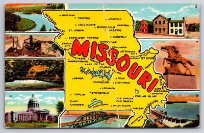 Missouri Map Multiple Views Vintage Postcard Pony Express Mark Twain Bagnell Dam