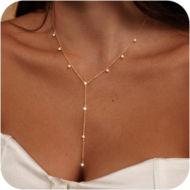 14K Gold Plated Lariat Necklace Women Gold Long Drop Y-Shaped Necklace