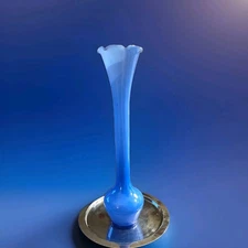Vintage Blue Hand-blown Bud Vase Art Glass Delicate Encased 12" Ruffled