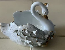 Lefton China Vintage 1950's WhiteSwan Floral Trinket Dish with Lid Hand Painted