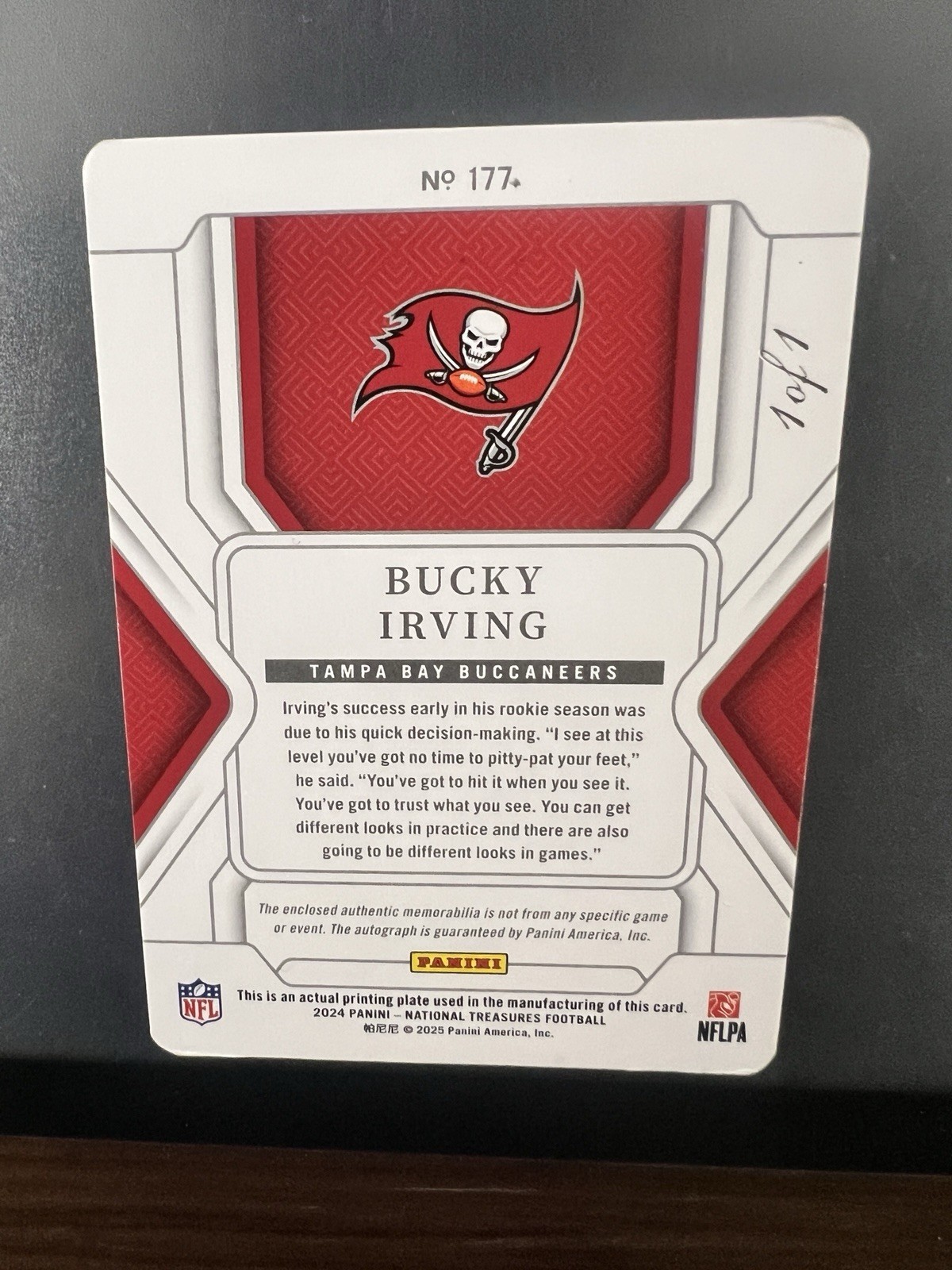 Panini 2024 National Treasures Bucky Irving PRINTING PLATE RC Auto Patch 1/1 view 2