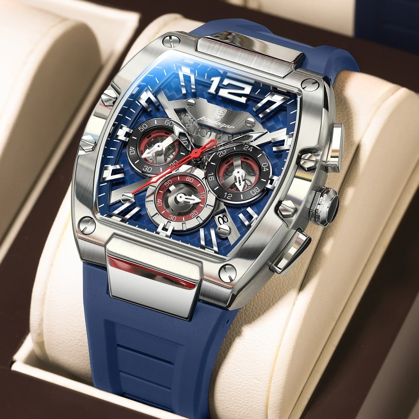 Montre homme sport chronographe étanche avec bracelet silicone noir de 43mm
