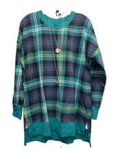 NWT LuLaRoe Medium Green Navy Blue Black Gold White Plaid Hannah SWEATSHIRT