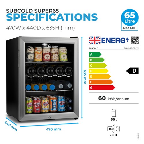 Subcold Beer Fridge 65L Drinks Cooler Table Top Mini Fridge Super65 LED Silver - Picture 7 of 13