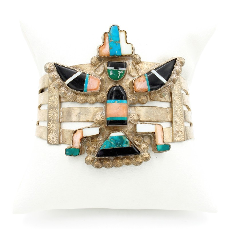 Southwest Ingot Silver Turquoise Onyx Coral Knifewing Cuff Bracelet #S5113-3