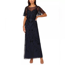 Adrianna Papell Beaded Mesh Blouson Column Gown Navy Size 6