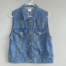 Vintage 90 s Denim Jean Western Vest Woman s Sz S By M.E.Z.A Turquoise Beaded