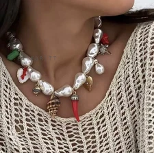 Zara Style Baroque Imitation Pearl Heart Choker Fish Conch Pendant Necklace