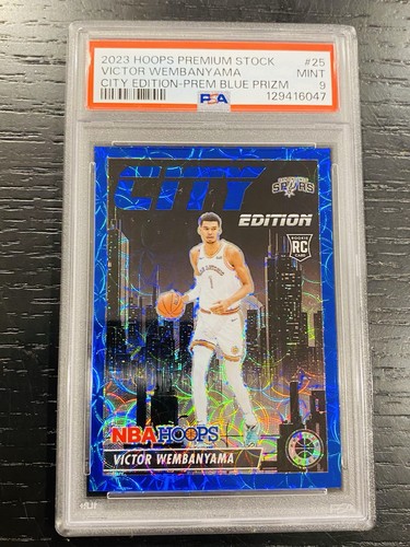 2023-24 HOOPS PREMIUM STOCK VICTOR WEMBANYAMA CITY EDITION BLUE PRIZM 1/25 PSA 9