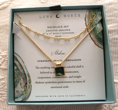 LUNA NORTE necklace set. Gold tone metal natural ABALONE Shell.16'' & 17''.NEW box