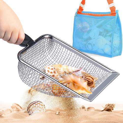 Kids Beach Mesh Shovel & Shell Collecting Bag Set, Sand Sifter Scoop Toy Gift
