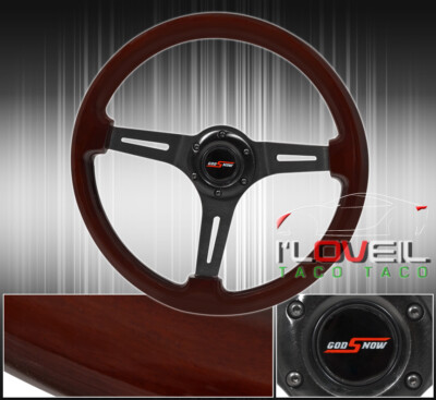 345mm Dark Wood Black Streak Designed Steering Wheel + Jdm Godsnow Button Horn