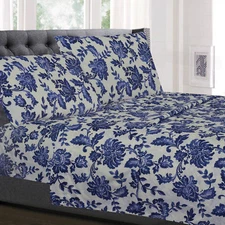Tuscany Navy Floral Printed 4-Piece Microfiber Sheet Set