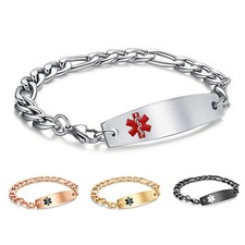 CUSTOM ENGRAVE  4 Colors  Unisex Stainless Figaro Chain Medical ID Bracelet