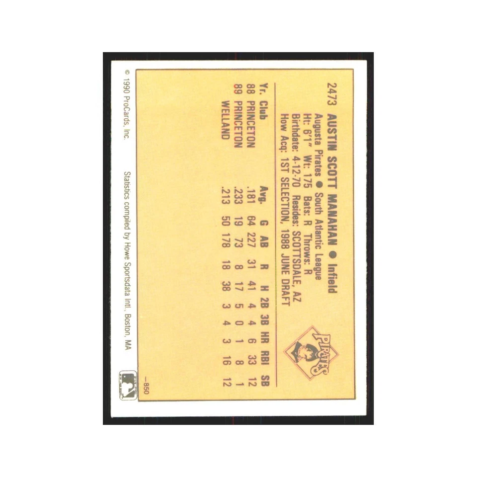 1990 ProCards Austin Manahan Augusta Pirates #2473 - Image 2 of 3