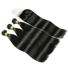 Silky Straight Brazilian Virgin Remy Human Hair 3 Bundles with 4x4 Lace Closure